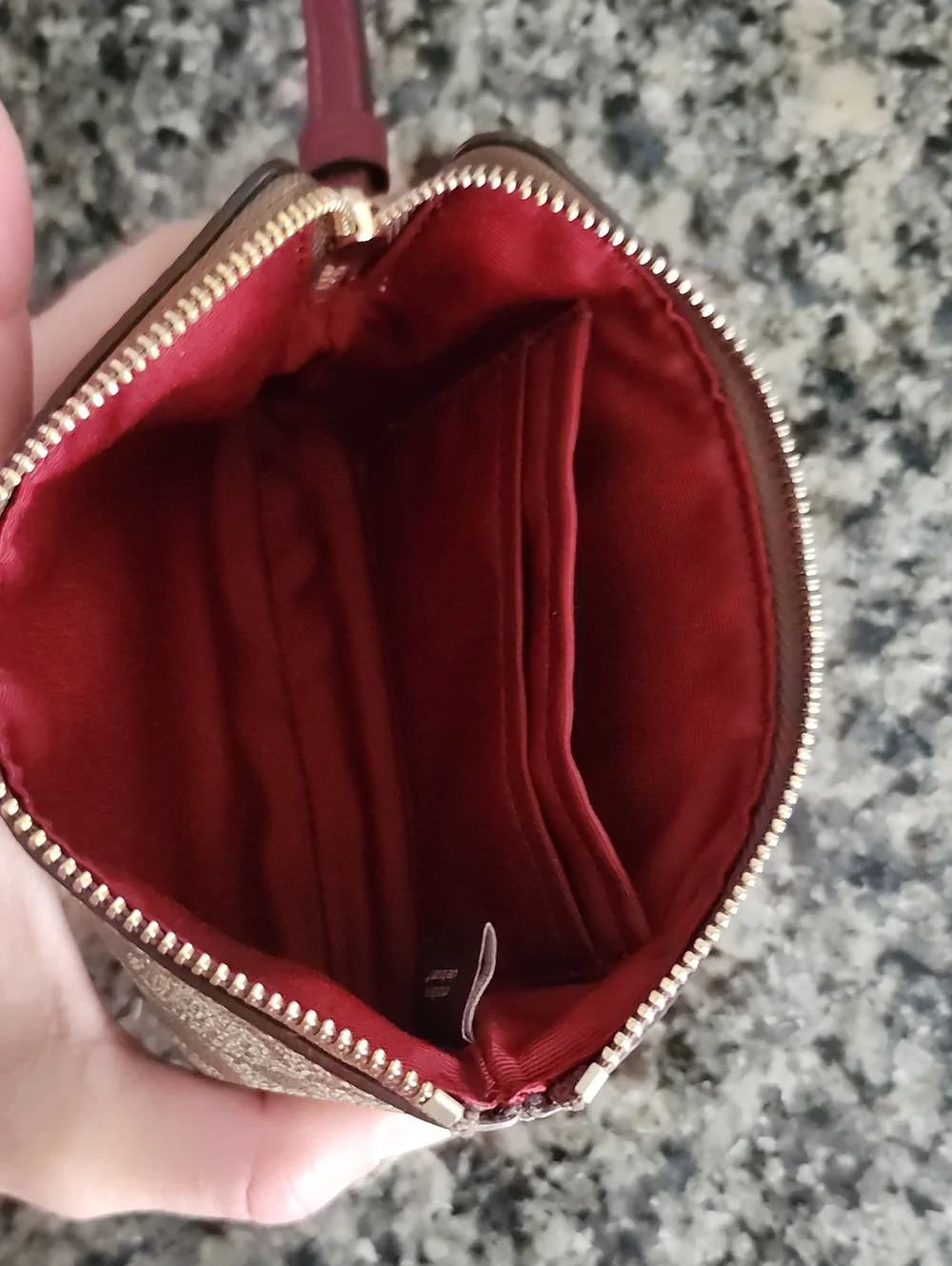 Coach Corner Zip Wristlet In Khaki Signature Coated Canvas With Red Accent